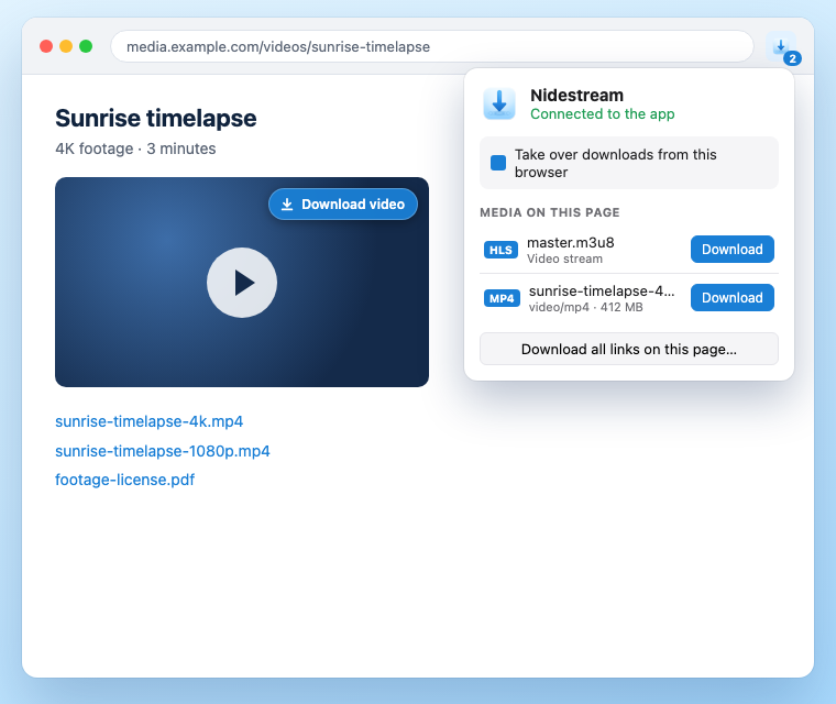 The Nidestream browser extension showing a video found on a page, with a Download video button